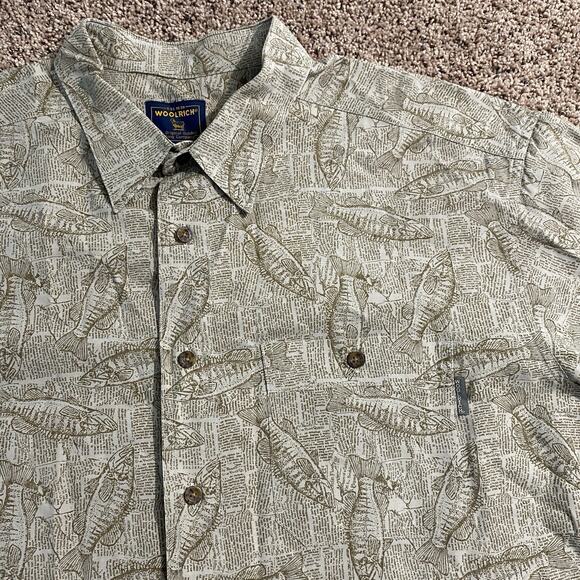 VTG Woolrich Khaki Newspaper Bass Button Shirt Men's 2XL Fishing All Over Print - Picture 3 of 8